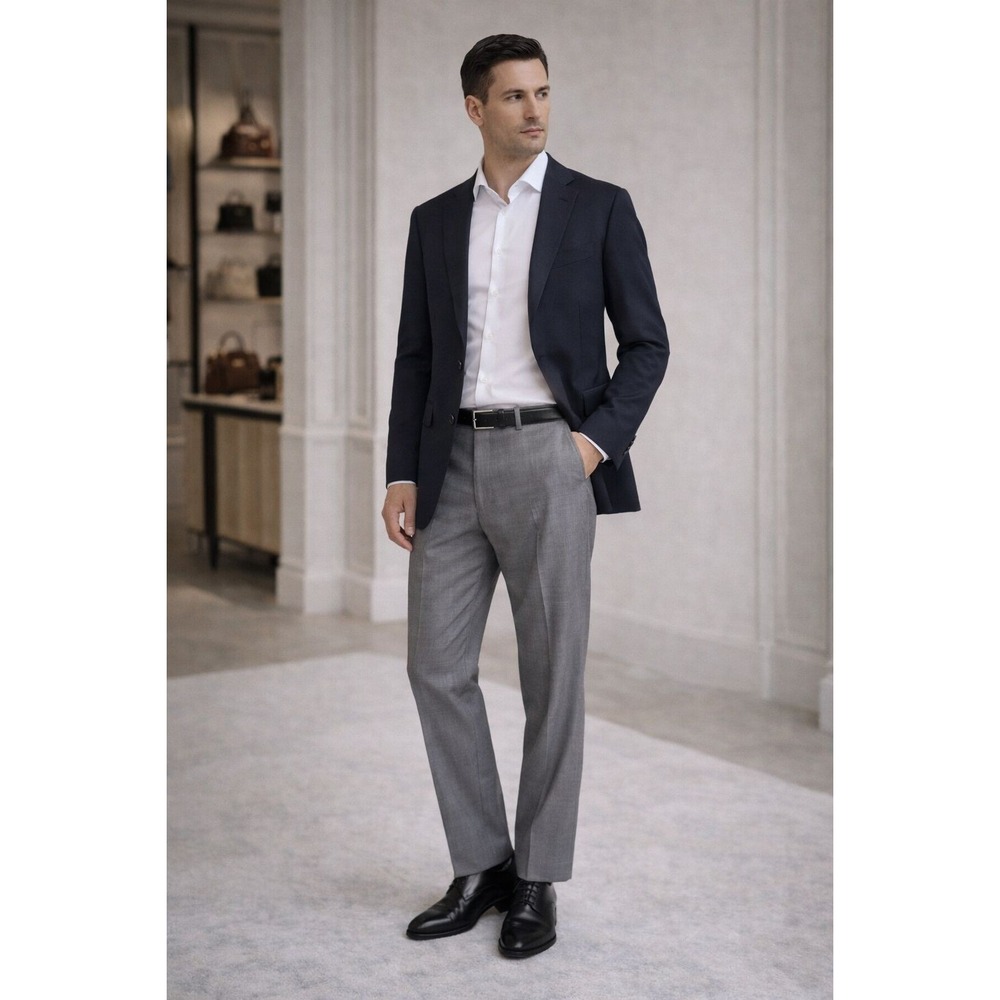 HUGO BOSS Gray Dress Pants‎ Flat Front 100% Virgin Wool Blend 35R Tailored Fit
